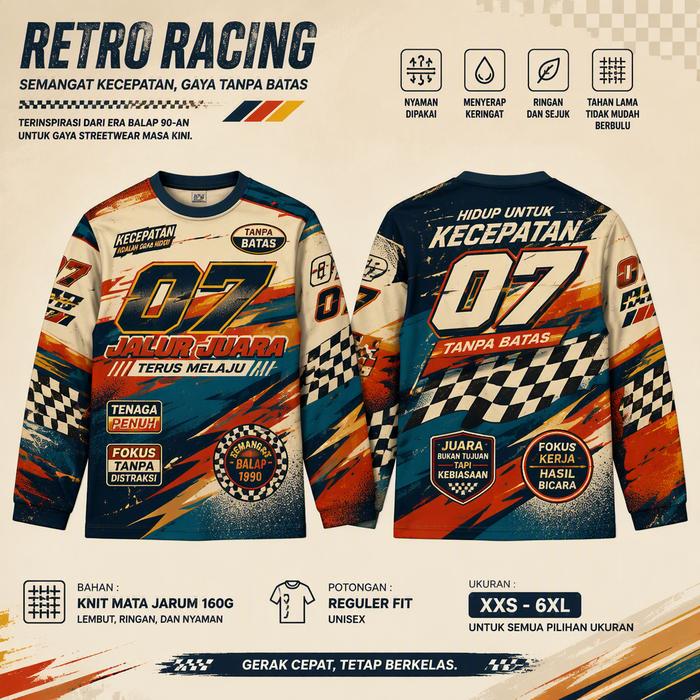 Kemeja Lengan Panjang Vintage Racing Pria Wanita Baju Kaos Racing Retro Full Print Kerah Rib Biru Na