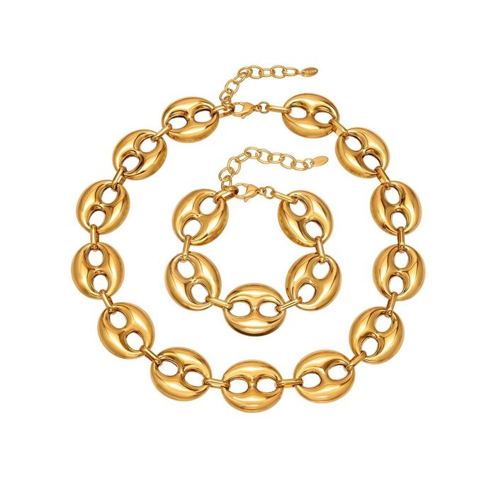 Ars 18K Gold Plated Coffee Bean Link Chain Necklace Bracelet For Women Statement Stainless Steel Chu