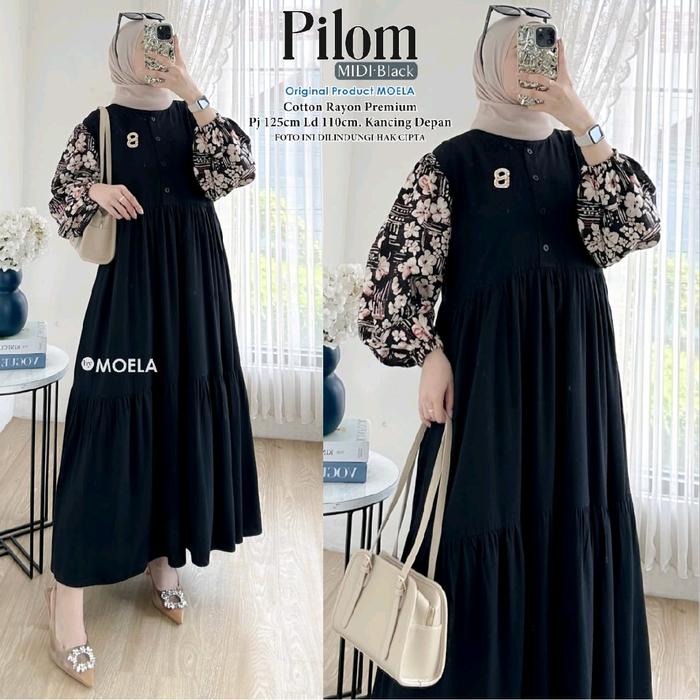 Moela Dress Midi Pilom Motif Kombinasi Rayon Premium Dewasa Kekinian Muslim Wanita Gamis Midi Lebara