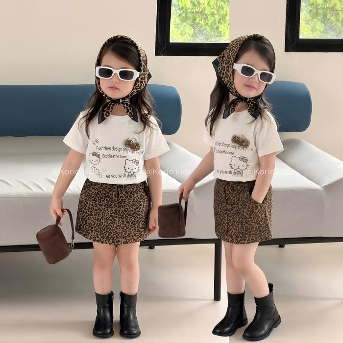 One Set Anak Perempuan Motif Macan Fashion Outfit Anak Baju Pergi Jalan-Jalan Setelan Rok Macan
