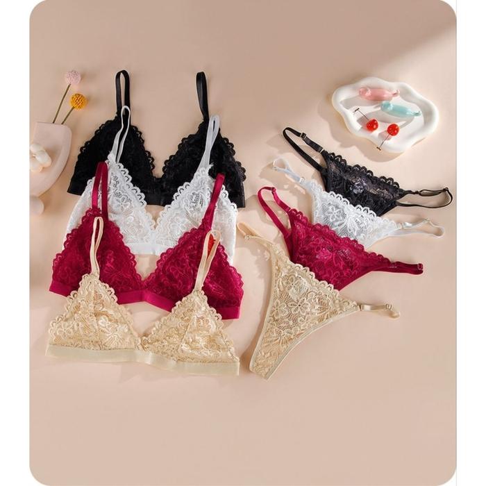 Odette Bra Set Setelan BH Tanpa Kawat CD Gstring Celana Dalam Panties Tidur Lace Bralette Sexy Renda