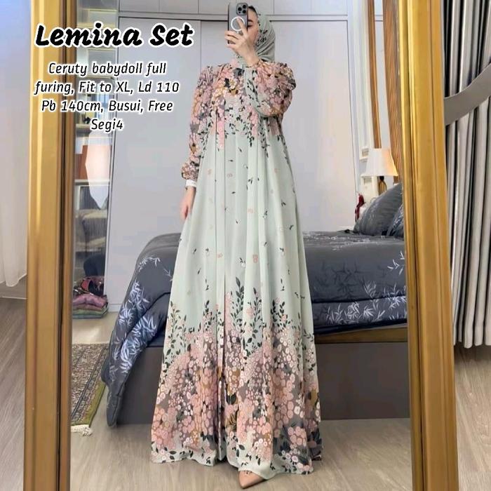ready lemina set jilbab segi 4 ceruty ld 110 Gamis Muslim Wanita Dewasa Dress Pesta Cantik Lembut Ny