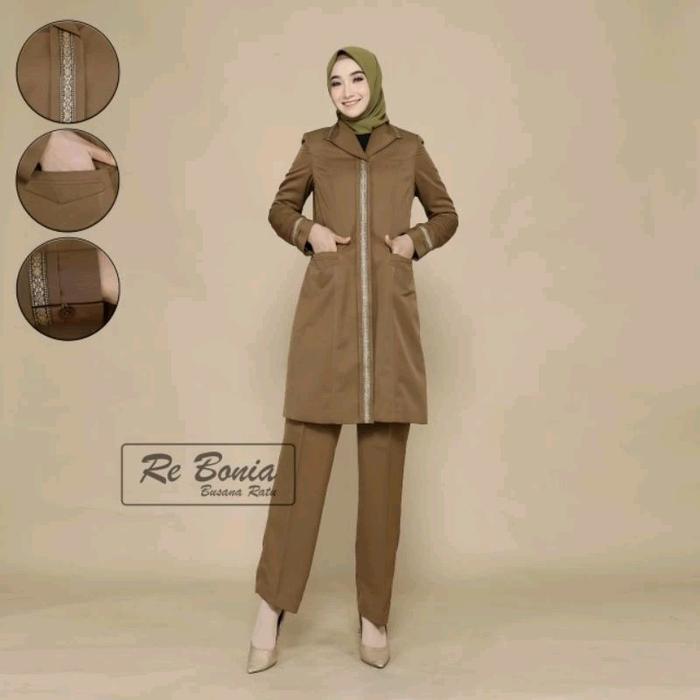 Blazer tunik re bonia/baju dinas asn pns kheki tua wanita/seragam pemda wanita model tunik/seragam p