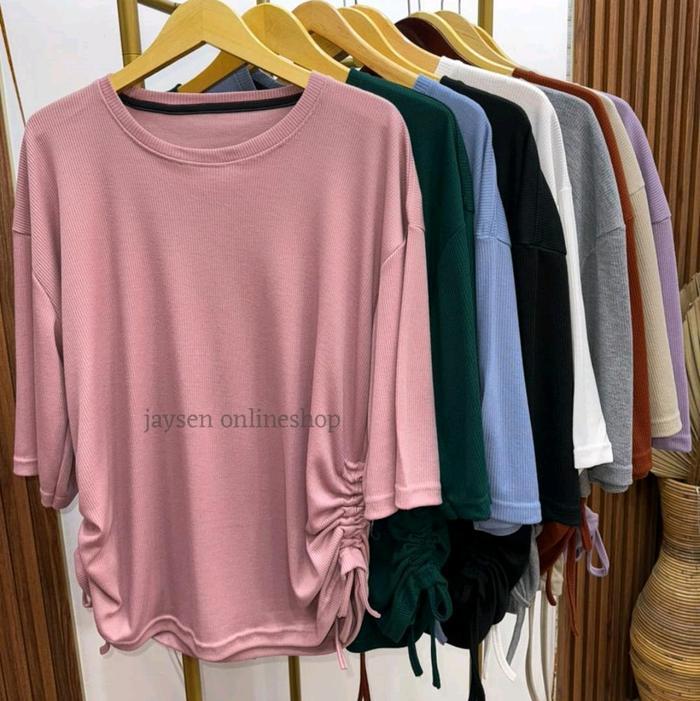 HarapanMakmur Atasan kaos knit rib Serut kanan kiri LD130cm Atasan wanita jumbo Blouse Serut samping