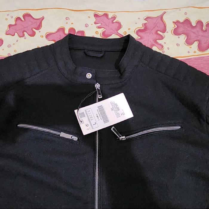 Man Pique Biker Jacket Hitam Ukuran L BNWT Jaket Pria Original Resmi Cocok untuk Nongkrong