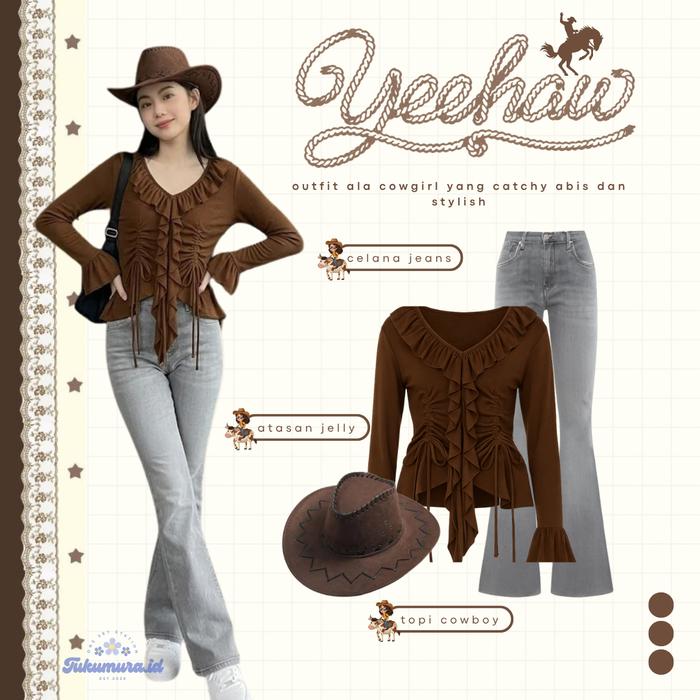 Cowgirl Outfit 3in1 Remaja (Eleanor Ruffle Coklat + Celana Cutbray Dark Grey (29) +Topi Coboy) TM124