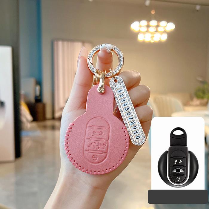 Genuine Leather Pink Car Key Case Cover Fob Shell for BMW MINI COOPER