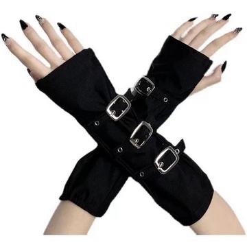 Women Gothic Steampunk / Fingerless Gloves Gothic / Lace Panel Fingerless Gloves / Buckle Arm Sleeve