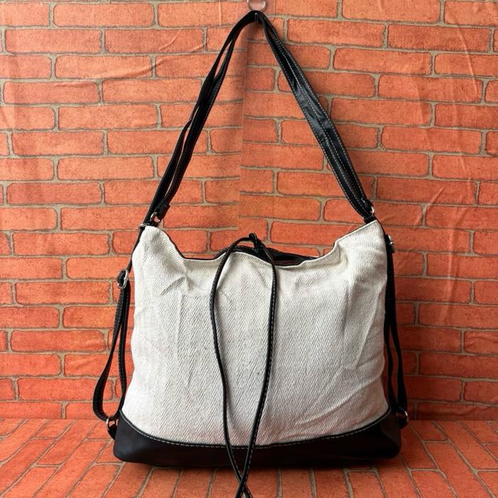 TAS TOTE WANITA KANVAS SECOND BRANDED / TAS HOBO WANITA BLACK WHITE KANVAS SECOND BRANDED