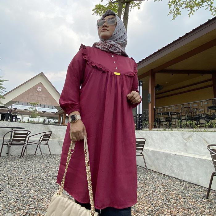 Kania Tunik Rayon Twill Atasan Wanita Long Tunik Dress Remaja Korea Rayon Variasi Rempel depan Kanci