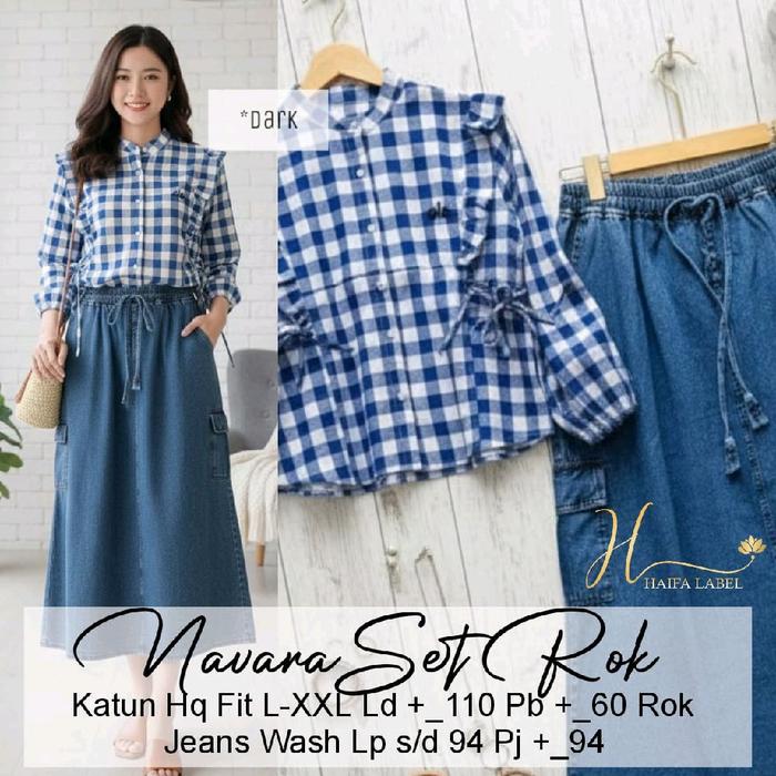 Navara Set Setelan Wanita Rok jeans dan Baju Blus kemeja Katun Fit L-XXL Ld +_110 Pb +_60 Rok Jeans 