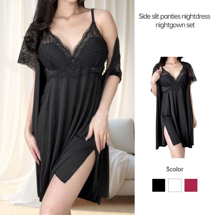 Set Baju Tidur/Jubah Tidur Seksi dengan Belahan Samping, Baju Tidur Tipis untuk Wanita daster ungu