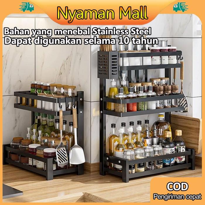 (COD) Rak Bumbu Dapur Stainless Steel Rak Penyimpanan Dapur Rak Bumbu Rak Dapur Stainless 3 Susun 2 