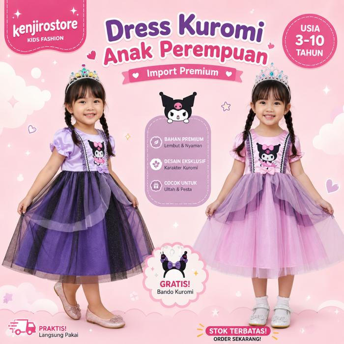 Gaun Pesta Anak Perempuan Motif Kuromi Premium | Dress Ultah Anak Import Gratis Bando Umur 3-10 Tahu
