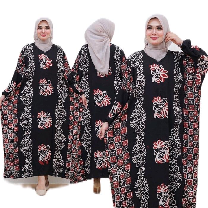 GAMIS KAFTAN RAYON BATIK PEKALONGAN MUSLIMAH SYAR'I LD 170 Formal Wanita Panjang Nyaman Dress Hitam 