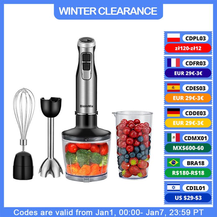 BioloMix 4 in 1 High Power 1200W Immersion Hand Stick Blender Mixer Includes Chopper and Smoothie Cu