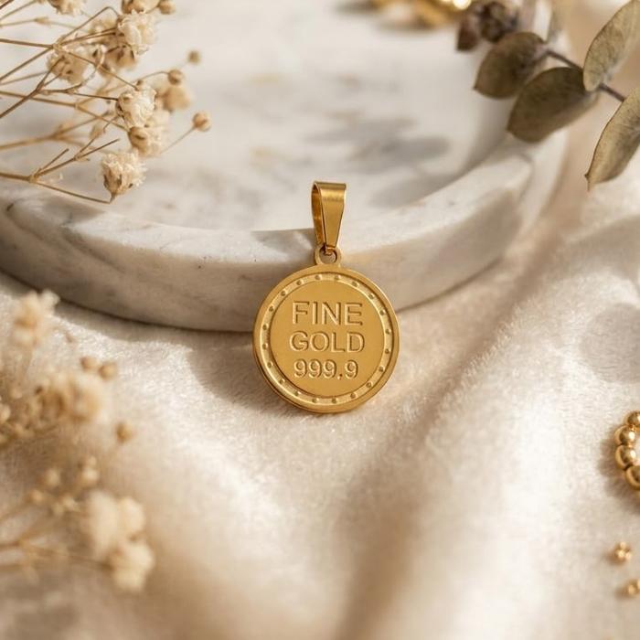Liontin Titanium Terbaru Antam Gold Bulat Klasik  Elegan dan Berkelas Anti Karat Anti Luntur Stainle
