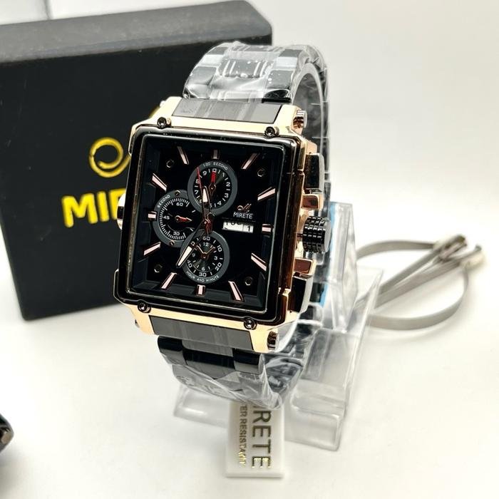 MIRETE Jam Tangan Sporty Pria M-338B Bahan Stainless Steel Tanggal Hari Aktif Water Resistant Segi A