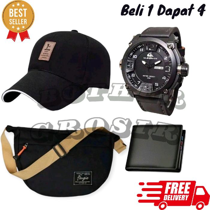 PAKET OBRAL BELI SATU DAPAT EMPAT TERDIRI DARI JAM TANGAN PRIA/JAM TANGAN KULIT FREE TAS SELEMPANG,T