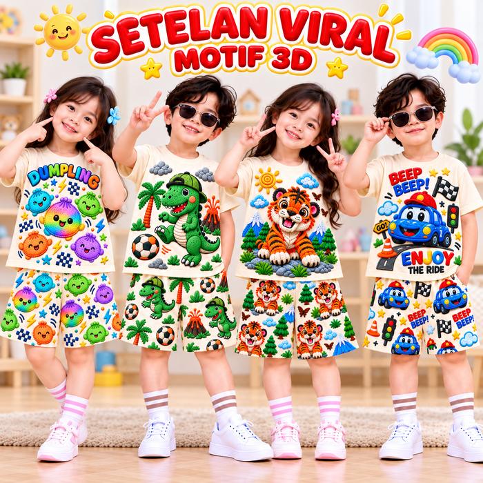 Setelan Viral 3D Printing Anak Laki-Laki dan Perempuan Usia 0-13 Tahun Unisex Celana Pendek Motif Pr