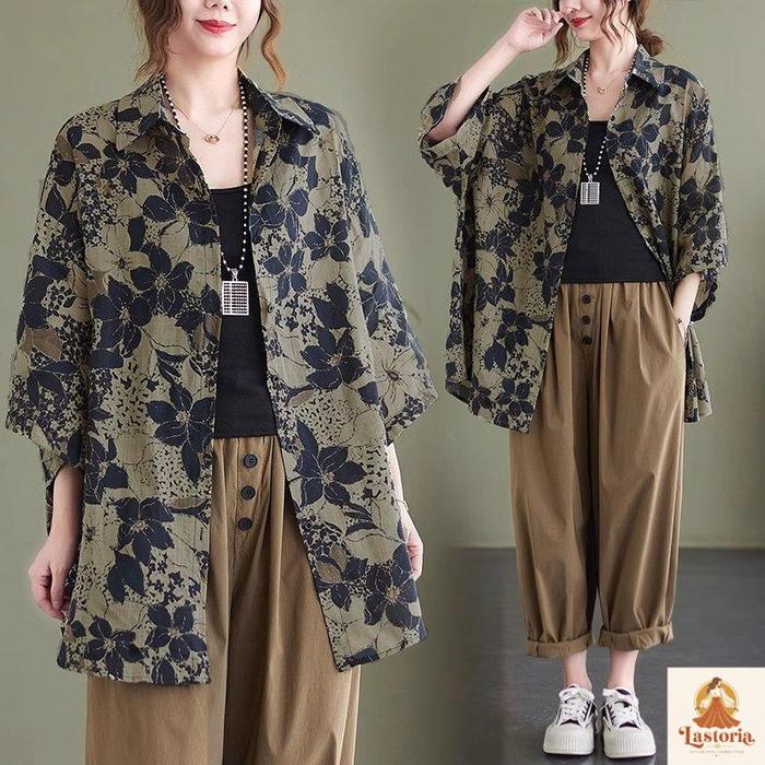 LC422 Premium Kemeja Tipis Oversized Motif Bunga Retro Lastoria Fashion