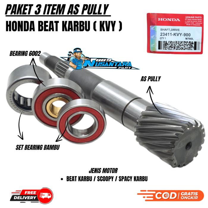 PAKET 4ITEM KVY AS PULLY BEAT+LAHER PULLY+LAHAR 6002+BEARING 6204 SCOOPY / SPACY KARBU