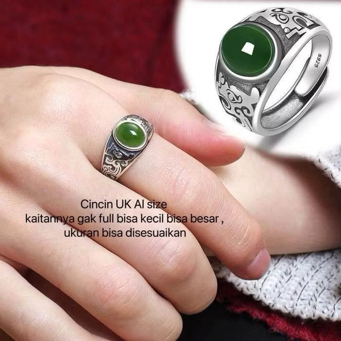 C07 Cincin batu asli giok hijau titanium cewek cowok