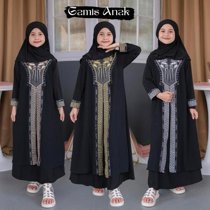 Gamis anak anak dan tanggung abaya arab bahan jersey mix seruty lembut Muslim Hitam Syari Lebaran Re