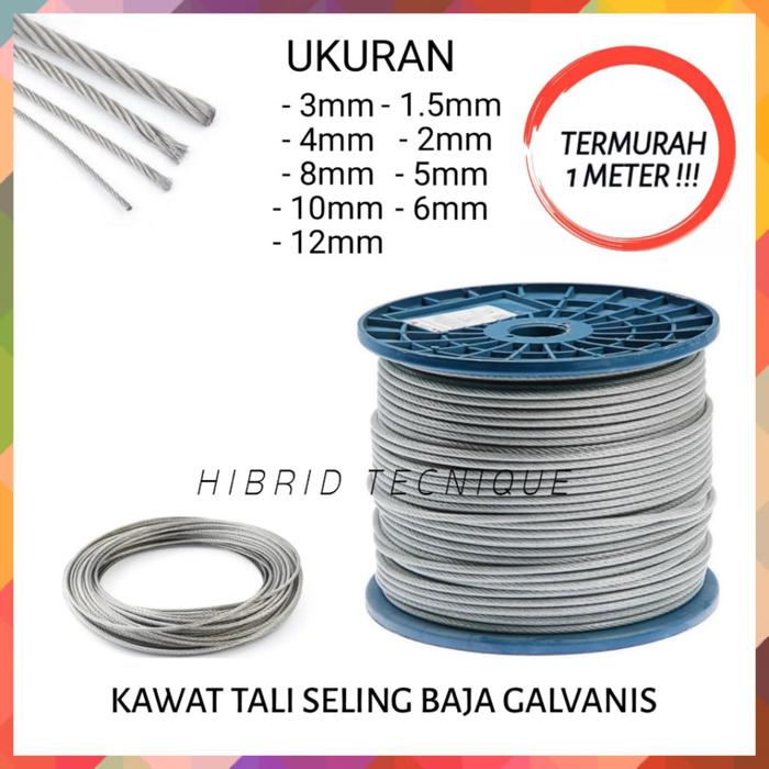 Tali Kawat Seling Baja Galvanis Wire rop Sling 1.5 2 3 4 5 6 mm Tali sling Tali kawat baja Seling Ga