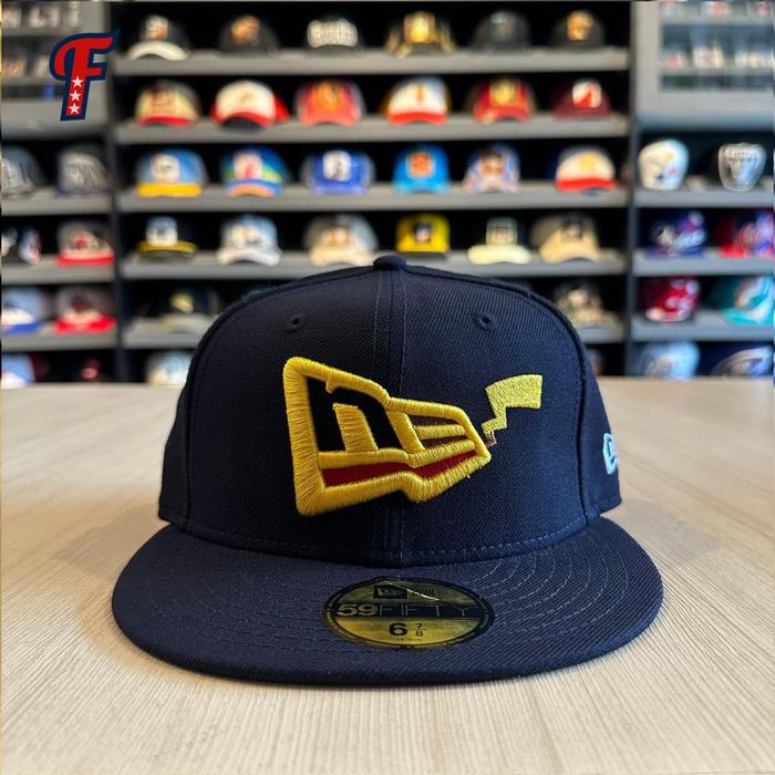 Topi New Era Anime Pokemon Pikachu Logo Collab Navy 59FIFTY Fitted Hat