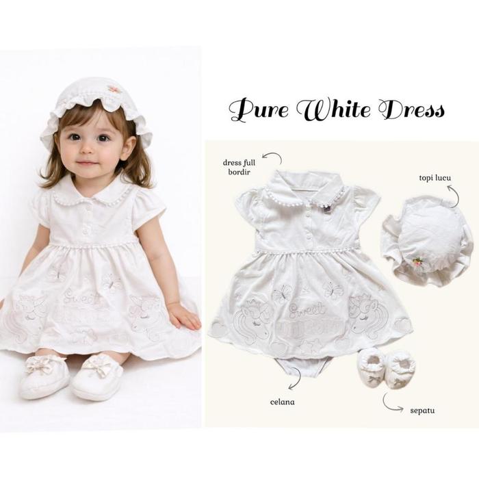 Baju NewBorn Dress Rok Topi putih aqiqah baptis Sepatu Anak Bayi Perempuan pure white set gamis mewa