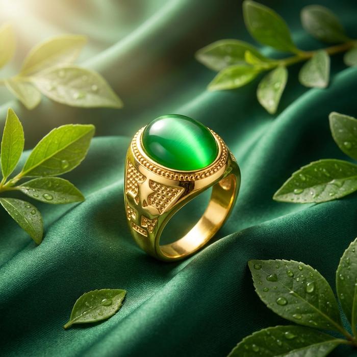 Cincin Cowok Batu Hijau Cincin Pria Adjustable Emas Pasir Vietnam Mewah dan Elegan MBJ9-1