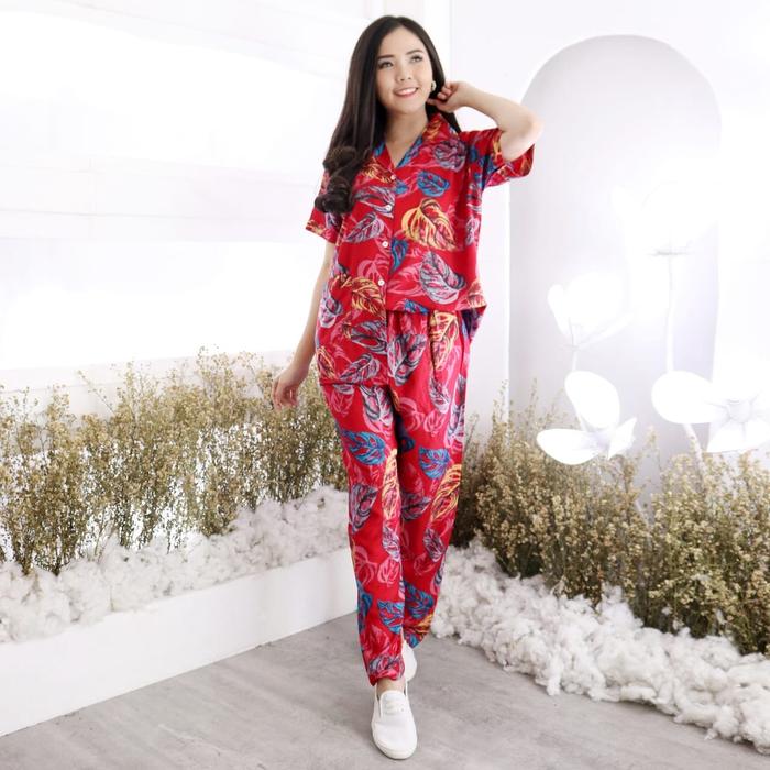 Set Piyama Tie Dye CP HP Narita Bahan Rayon Size XL & XXL Motif Daun Janda Bolong