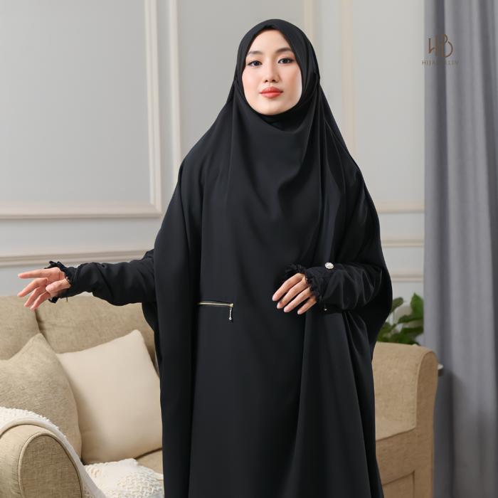 HIJABERLIN - Hafshah Khimar Set Black - Mazen by Sultan Anti UV Gamis Syari FK Haji & Umroh