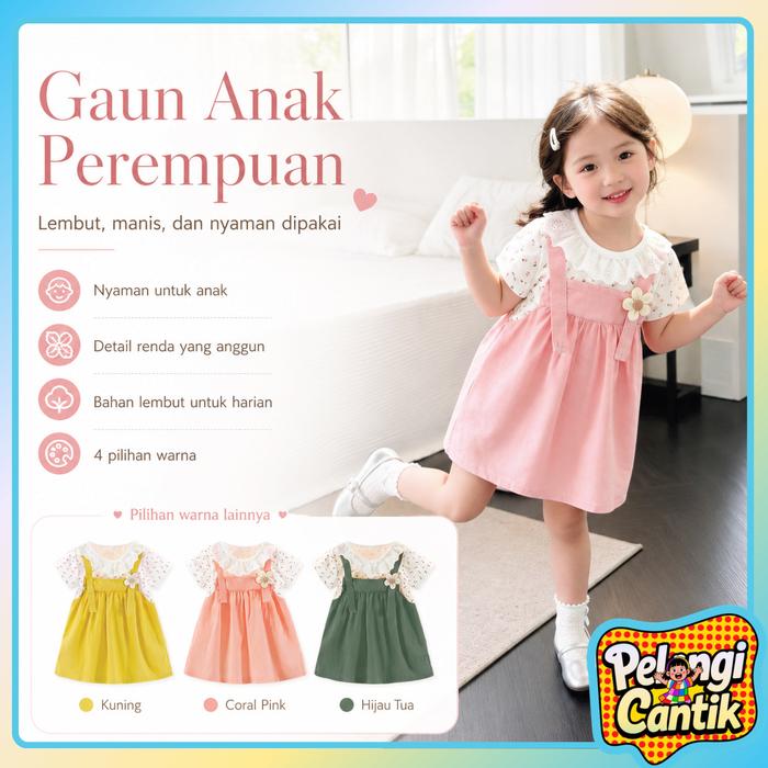 Uisa 0 - 3 Tahun Dress Anak Perempuan Renda Kerah Dress Motif Bunga 3D Flower Dress Kaos Lengan Pend