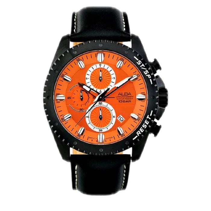 Alba Jam Tangan Pria Chronograph Orange Tali Kulit Hitam dengan Fitur 10BAR Water profil