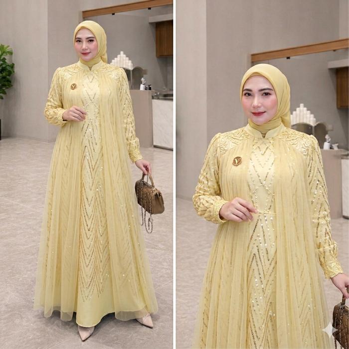 Leya Dress Gamis Brukat Kondangan Bahan Satin Premium Butter Yellow Mewah & Elegan untuk Pesta dan A
