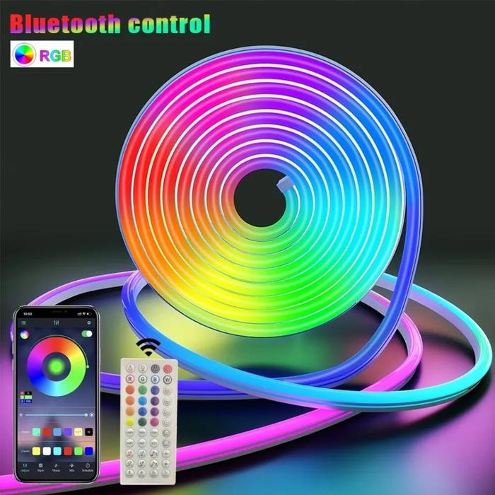 PAKET LED NEON FLEX RGB RUNNING 5M 10M DC 12V/24V SENSOR SUARA APP Control + Adaptor + Remote Contro