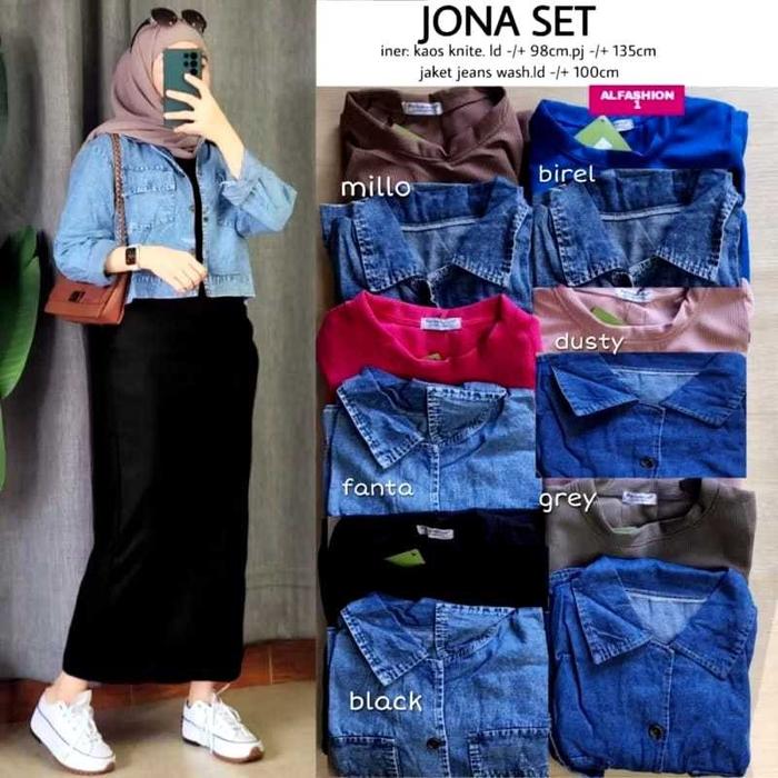 Oneset Jaket Jeans Crop Wanita + Inner Dress Scuba Premium Gamis Casual Hijab Kekinian Outfit Muslim