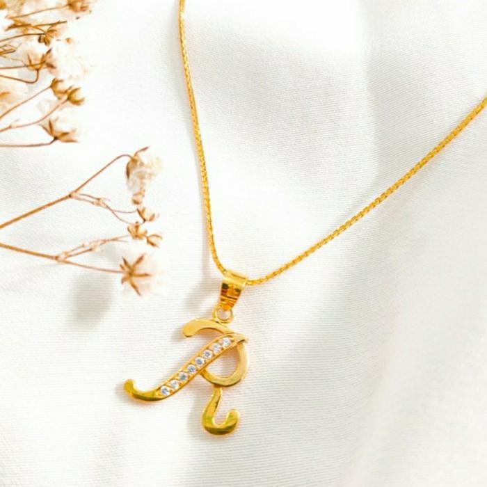KALUNG LIONTIN PENDANT HURUF R BATU PERMATA PUTIH PERHIASAN EMAS ASLI