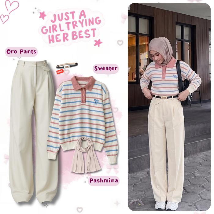 Oneset Strip 3in1 ( Kana Maudy Polo Sweater Pita Pink Hanasita + Celana Oro Semiwool Ivory + Pasmina
