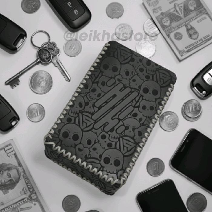 Dompet PU Leather Sleeve Case R234 Hitam Logo Full Skull Besar Benang Abu Wadah Koin Kunci Premium