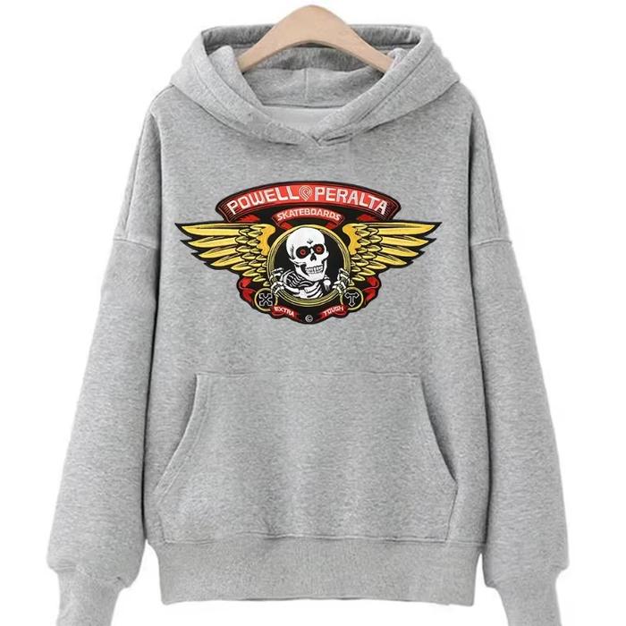 Men's Powell Peralta Skull Wings Graphic Hoodie White Cotton Skateboarding Streetwear with EXTRA TOU