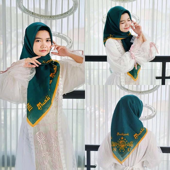 hijab segi empat motif muslimat NU hijau botol