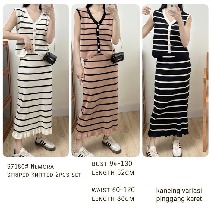 Dress Nemora Striped TM S7180 knitted 2 pcs setelan merek Three M original baju wanita import dewasa
