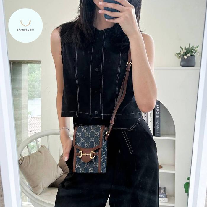 GUCCI MINI PHONE BAG HORSEBIT 1955 SUPREME DENIM / EBONY BROWN