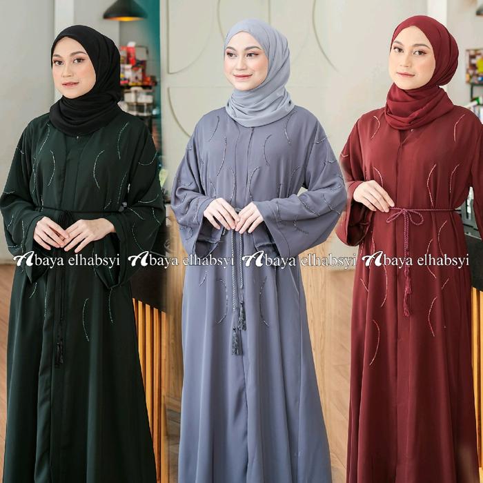 Abaya Elhabsyi Fursan Dubai 1103 Hijau Lembut Muslim Wanita Turki Maxi Dress Hitam Umroh Bordir Syar