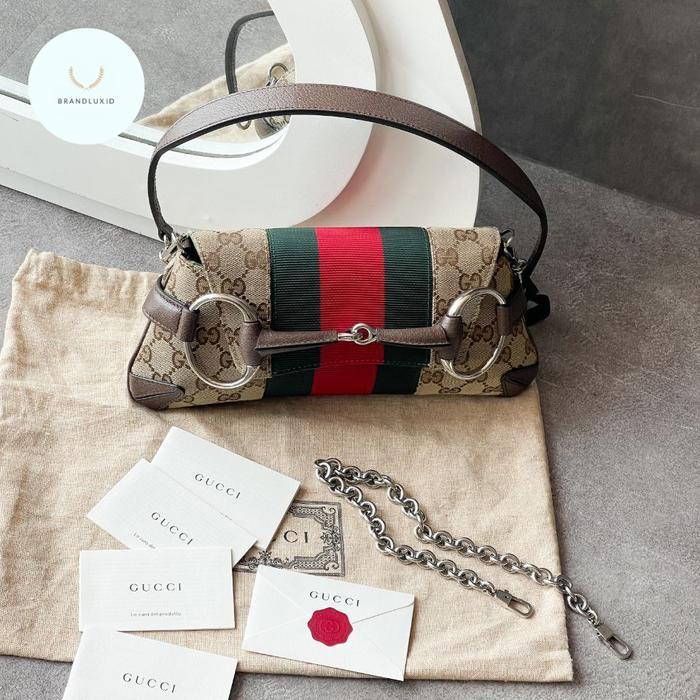GUCCI HORSEBIT CHAIN SMALL GG CANVAS SHOULDER BAG