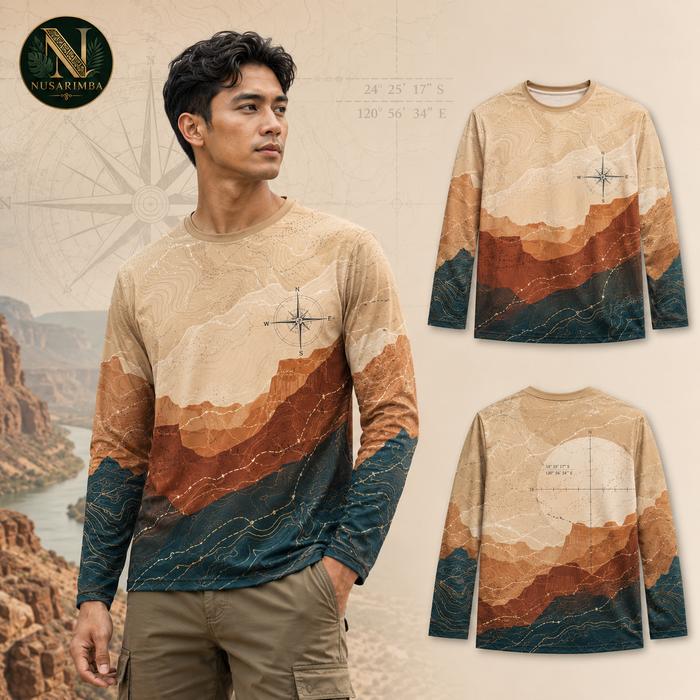 Baju Kaos Lengan Panjang Pria Outdoor Polos Print Peta Topografi Motif Kompas Warna Krem Coklat Biru