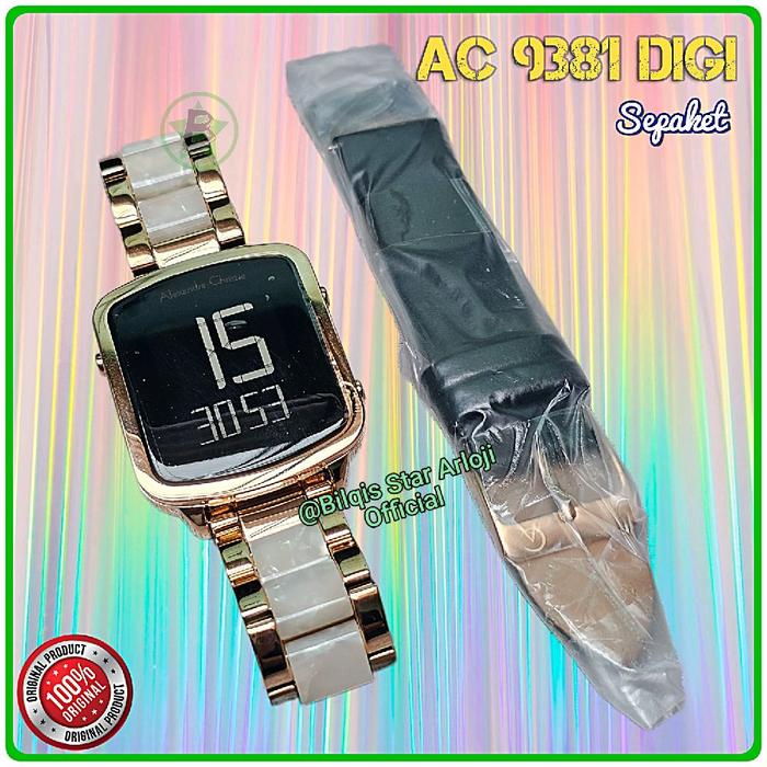 Jam Tangan Wanita Kotak Besar Ac 9381 LH Digital Tali Rantai Combi Acrylic Sepaket Tali Kulit Origin